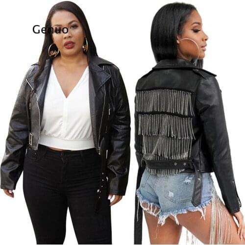 Fringe Coat Faux PU Leather Cropped Jacket With Belt 2021 Spring Women Long Sleeve Lapel Zipper Tassel Basic Jacket Streetwear