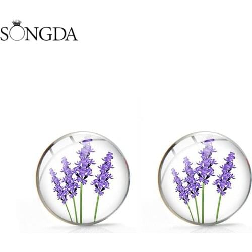 Newly Purple Lavender Stud Earrings Romantic Field of Purple Flowers Art Photo Glass Round Ear Stud Fashion Women Jewelry