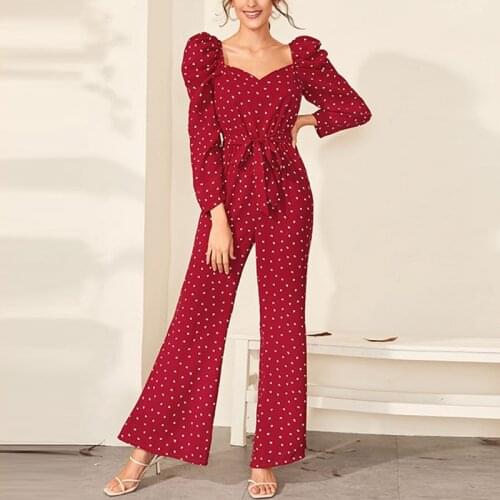 Printed Polka Dot Love Shoulder Pads Womens Jumpsuit Lace Up Flared Trousers Jumpsuit Female 2021 Summer Lady Streetwear Romper