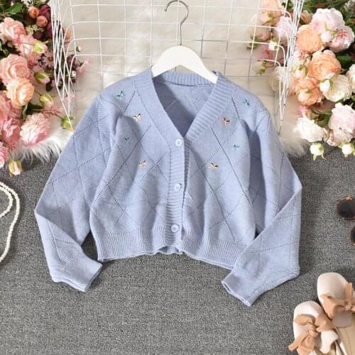 2021 Women Sweater Casual Long Sleeves Sweet Flower Embroidery Sweater Cardigan V Neck Hollow Out Cute Autumn Short Tops