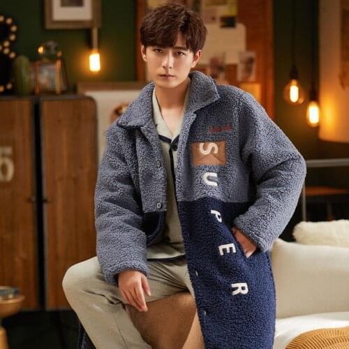Winter Robe Man Full Sleeve Coral Fleece Flannel Bathrobe Warm Boys Sleepwear Pajamas Set