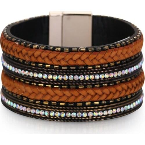 ORNAPEADIA Bangle Bracelet with Crystal for Women Bohemian Braided Bracelet Fashion Multilayer Broad Side Magnetic Clasp