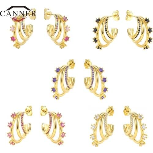CANNER Punk Luxury Colorful Zircon C-shaped Ear Stud Earrings for Women Men Gifts Piercing Earring Fashion Jewelry Pendientes