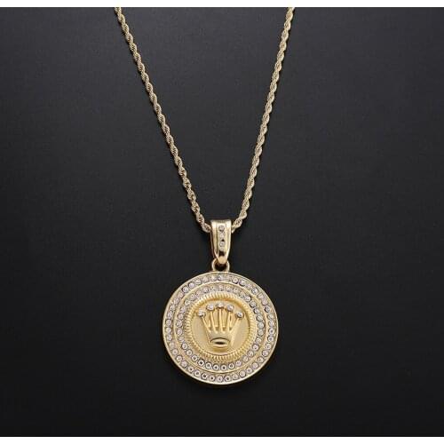 Hip Hop Full Rhinestone Circle Crown Pendant Necklace Gold Color Twist Chain Necklace for Women Men Gothic Jewlery Accessories