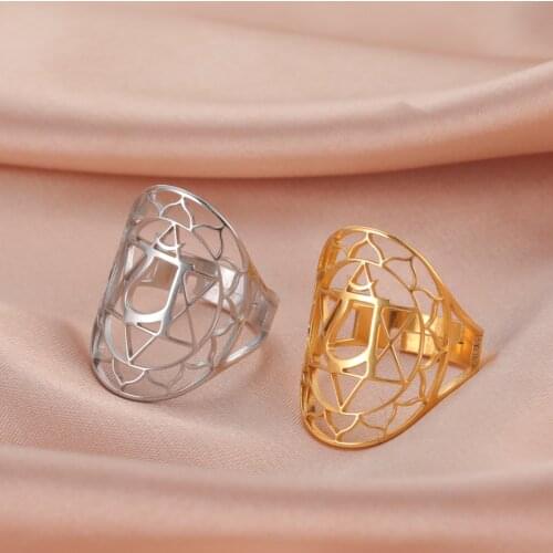 Skyrim Chakra Mandala Flower Rings for Women Stainless Steel Gold Color Anahata Muladhara Svadhisthana Resizable Rings Jewelry