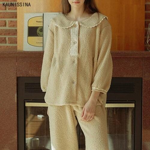 Korean Winter Pajamas Set Fleece Thick Sleepwear Turn-down Collar Buttons Ankle-Length Pants Two Piece Pijamas Girls Homewear