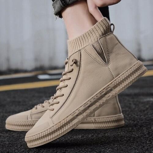 Leather sport boot vintage leisure High loafers sneaker shoe mens brown top boots for wear causal mens men black sneakers high