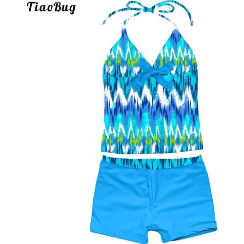 Girls Summer Printed Halter Swimsuit Bathing Tankini Set Two-Piece Suits Children Camisole Swimwear Seaside Bikini