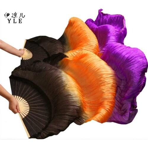 High Selling 100% Real Silk Belly Dancing Fans 1 Pair Handmade Dyed High Quality Silk Belly Dancing Fans Black + Orange + Purple