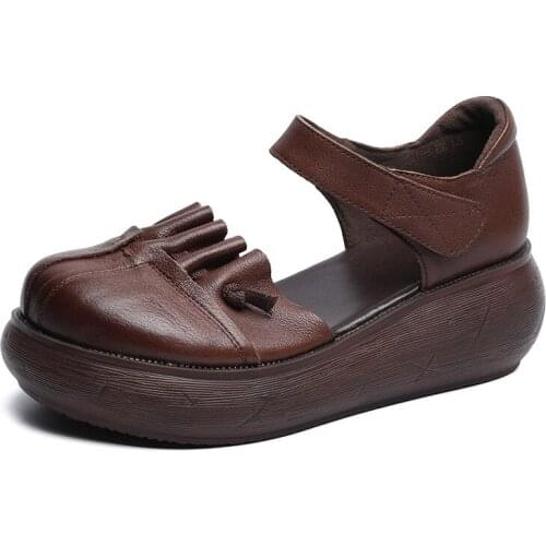 Autuspin Retro Flat Shoes for Women Cowhide Round Toe Loafers Classic Hook&Loop Casual Flats Ladies Office Working Leisure Shoes