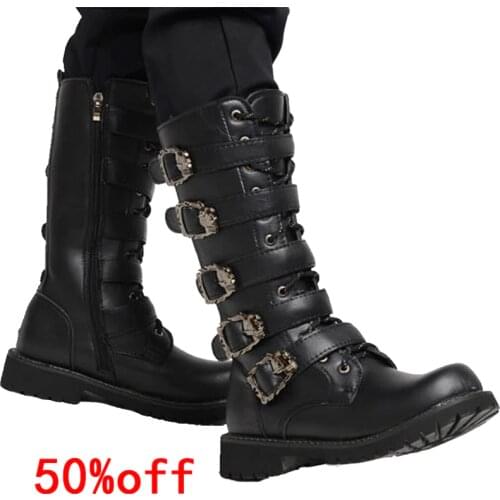 High Knee Mens Leather Motorcycle Boots Military Combat Boots Gothic Punk Boots Men Shoes Army Boot Desert boots Casual Boots