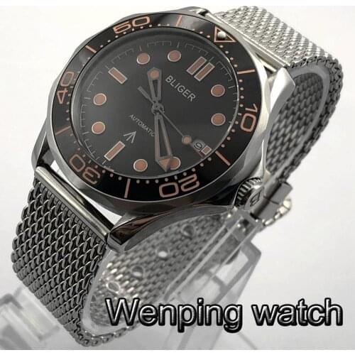 Bliger 41mm Mens Casual Luxury Automatic Watch Silver Case Sapphire Glass Ceramic Bezel Black Dial NH35 Movement Mens Watch