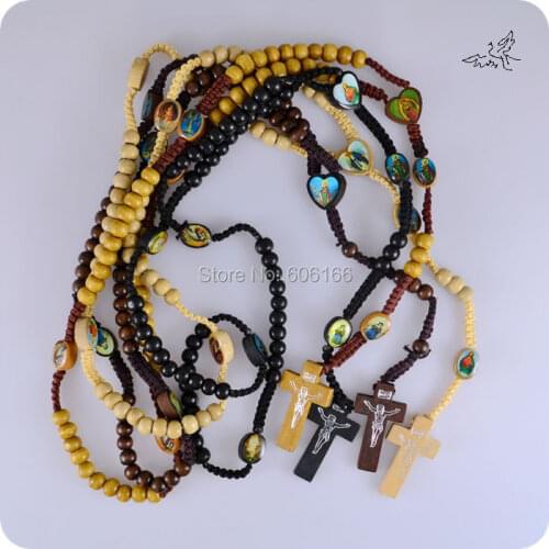 Wholesale 48pc/lot Mix Color Wooden Rosary Beads Necklace Jesus Cross Pendant Necklaces Wood Religious Cross Jewelry