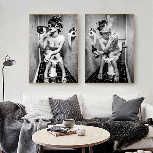 Smoking And Drinking Bar Girl Bathroom Poster Modern Toilet Sexy Woman Canvas Print Black And White Wall Painting Pictures Decor