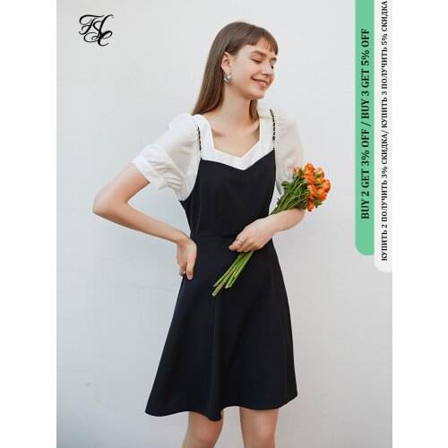 FANSILANEN Office Lady French Hepburn Style Two-piece Splicing Dress Female Summer New A-line High Waist Casual Black Dress