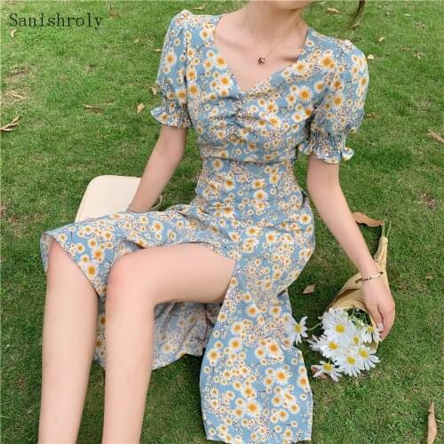 Sanishroly 2021 Elegant V-Neck Puff Sleeve Split Summer Dress Little Daisy Print Dress Female Long Beach Dress For Women CD140