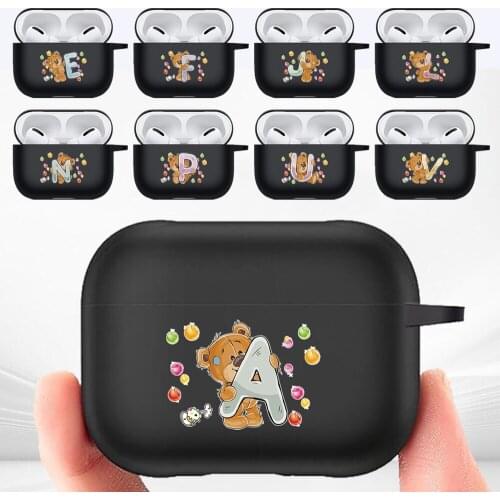 Cute Protective Case for Apple AirPods Pro Wireless Earphone Case with Bear Pattern Letter Series Black Matte Earphone Sleeve