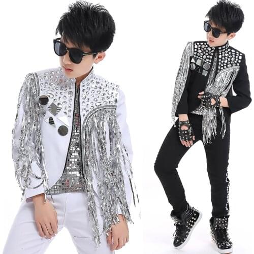 Boys Hip Hop Dance Costumes Silver Sequin Fringed Coat Children Singer Stage Clothes Kids Modern Jazz Performance Wear DNV12472