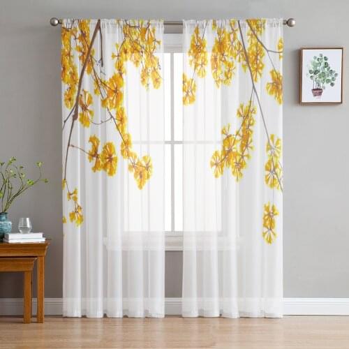 Yellow Flowers Branch Brown Plant Modern Tulle Curtains for Living Room Bedroom Home Kitchen Window Sheer Curtains