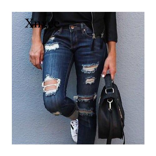 Womens Hot Sale Jeans Fashion Buttons Flying Full Length Pants Ripped Pocket Hollow Jeans Sexy Wide Legs Comfortable Women Jean