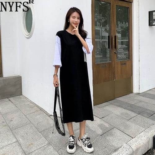 NYFS 2021 Korean New Patchwork Fake two Woman Dress Vestidos Robe ete femme Elbise Fashion Loose cotton Summer Dress