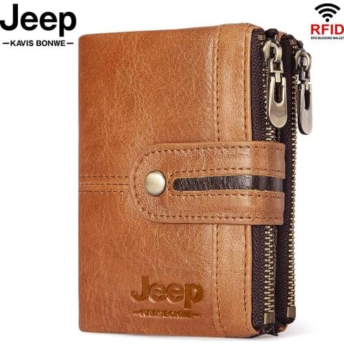 2021 Fashion Genuine Leather Men Wallet Double Zippers Design Coin Purse Small Card Holder Wallets Rfid Money Bag Male Purses