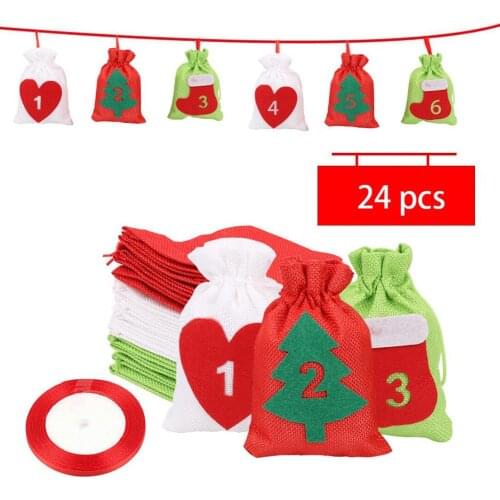 24PCS Christmas Advent Calendar Countdown Bags Hanging Sack Gift Bags With Clip Rope New Year Christmas Calendar Bags Kerst