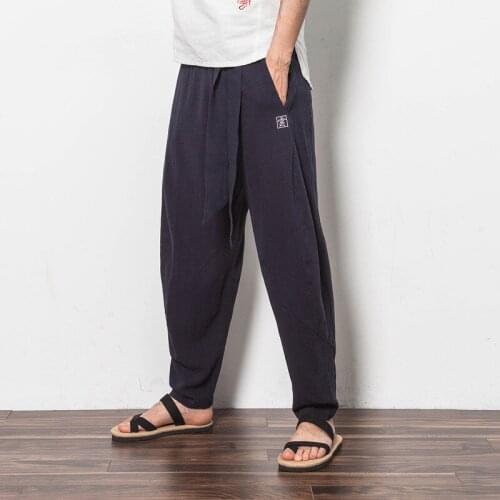 #2511 Streetwear Chinese Style Linen Pants For Man Fashion Vintage Loose Plus Size Elastic Waist Linen Harem Pants Men Hip Hop