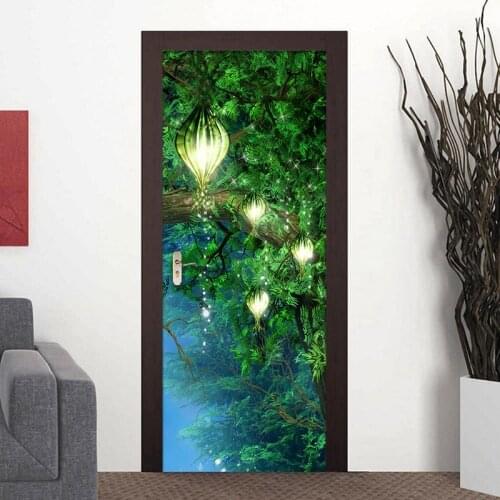 3D Dream Green Forest Landscape Door Sticker Living Room Kids Room PVC Self-Adhesive Waterproof Wallpaper Home Decor Door Decals