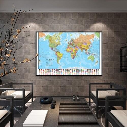 70*50cm The World Political Map with National Flags Wall Art Poster Canvas Painting School Supplies Living Room Home Decor