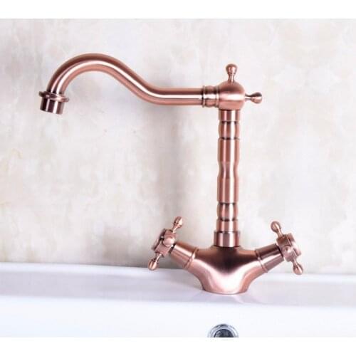 Antique Red Copper Brass Dual Cross Handles Bathroom Kitchen Basin Sink Faucet Mixer Tap Swivel Spout Deck Mounted mnf255