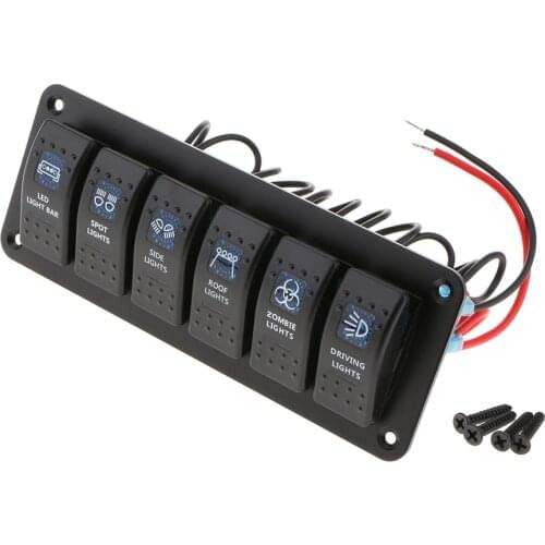 Car Boat 6 Gang Circuit LED Rocker Switch Control Panel Breaker w Installation Screws Accessories
