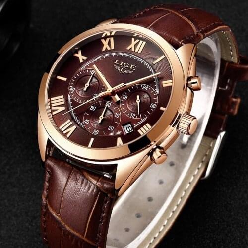 LIGE Watch For Men Top Brand Luxury Waterproof 24 Hour Date Quartz Clock Brown Leather Sports WristWatch Relogio Masculino 2021