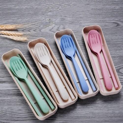 Eco-friendly Wheat Straw Lunch Box 2-piece Set Chopsticks Spoon Fork Portable Set Travel Healthy Tableware