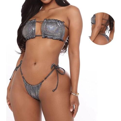 European and American New High-cut Bikini Mini Thong Solid Color Strapless Hot Sale Sexy Hollow Laser Swimsuit Suit for Women