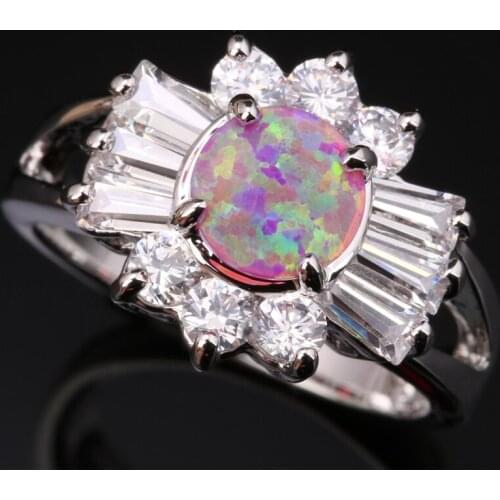 Pink Fire Opal White Zircon Silver Plated Argent Jewelry Ring Size SF1012