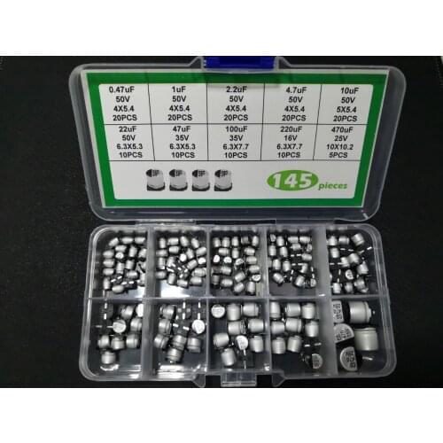 10value mix Aluminum electrolytic capacitor kit box 145PCS 0.47uf 1uf 2.2uf 4.7uf 10uf 22uf 47uf 100uf 220uf 470uf 10v 25v 35v
