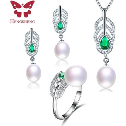 High Quality 925 Sterling Silver Fine Jewelry Set, Cultured Freshwater Pearl Necklace Earrings and Ring Set with Green Zircon