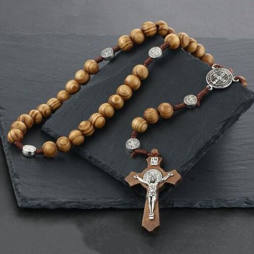 Round Saint Benedict Medal Antique Wooden Rosary Necklaces Cross Pendant for Women Religious Jesus Jewelry Mother Gifts