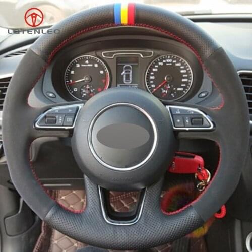 LQTENLEO Black Genuine Leather Suede DIY Hand-stitched Car Steering Wheel Cover for Audi Q3 2013-2018 Q5 2013-2017 Q7 2012-2015