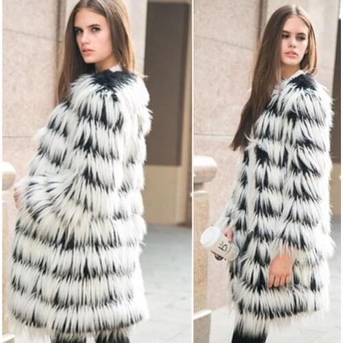 Fashion Faux Fur Coat Women Fur Fluffy Warm Long Sleeve Female Outerwear Winter Coat Jacket Furry black and white stitching Coat