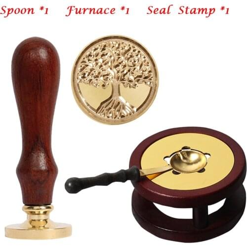 DIY Set Retro Tree Pattern Wax Seal Melting Spoon & Furnace Solid Wood Oven Furnace Wax Pot Beads Sticks Wax Warmer Decor Craft