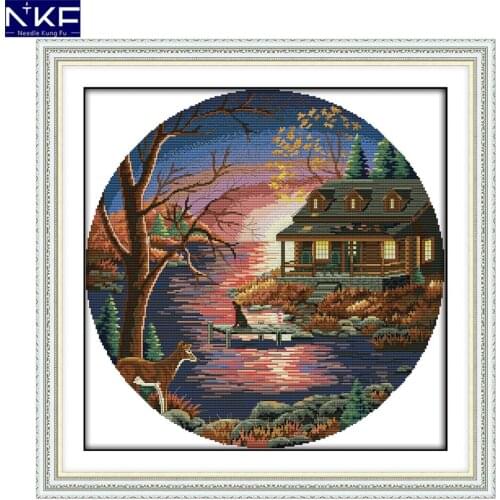 NKF Sunset Lake Villa Stamped Cross Stitch DIY Kits Needlework Embroidery Set Chinese Cross Stitch for Home Decor