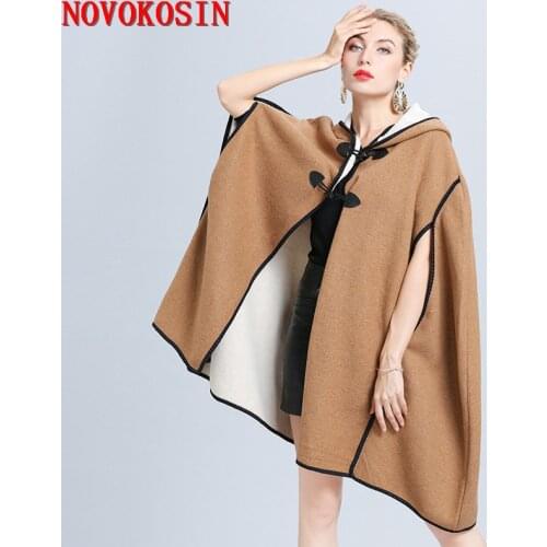 2020 New Hole Sleeves Cape Big Pendulum Cardigan Winter Loose Poncho Women Horn Button Faux Woolen Cloak Plus Size Coat With Hat