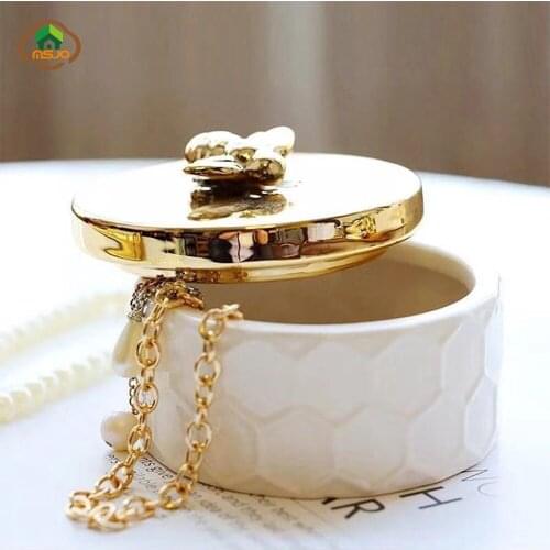 Jewelry Organizer Storage Box for Women Ceramic 3D Bees Golden Dustproof Cover Home Deco Desktop Trinket Organization Box
