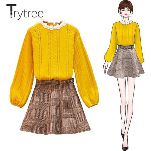 Trytree 2020 Autumn Winter Casual two piece Women Sets Lace O-Neck Puff Sleeve Sweater + Mini Plaid Skirt Belt Zip 2 Piece Set