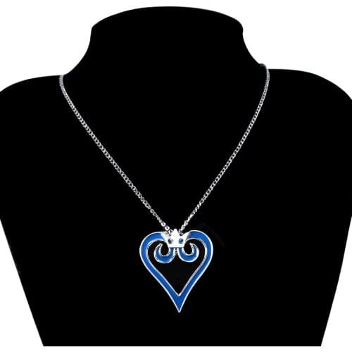 Game Kingdom Hearts Necklace Sora Blue Crown Heart Logo Pendants Necklace Women Lady Cosplay Jewelry Gifts