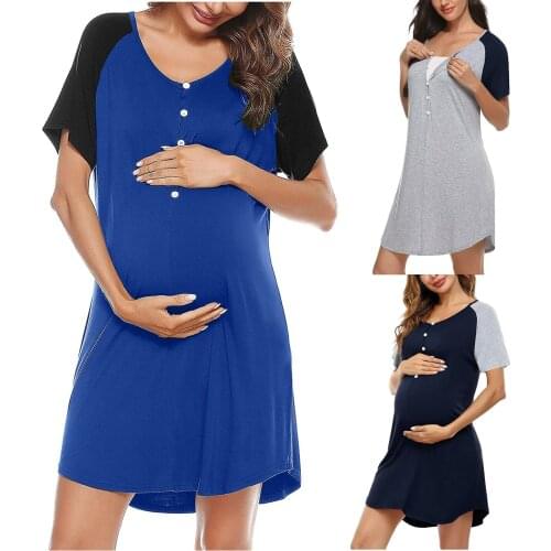 Maternity Dress Womens Pregnant Short Sleeve O-neck Nursing Nightdress Breastfeeding Dress Color Matching Pregnancy Clothes