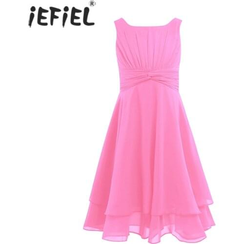 Girls Knotted Waist Chiffon Flower Girl Dress Princess Children Knee Length Pageant Wedding Bridesmaid Birthday Party Dress