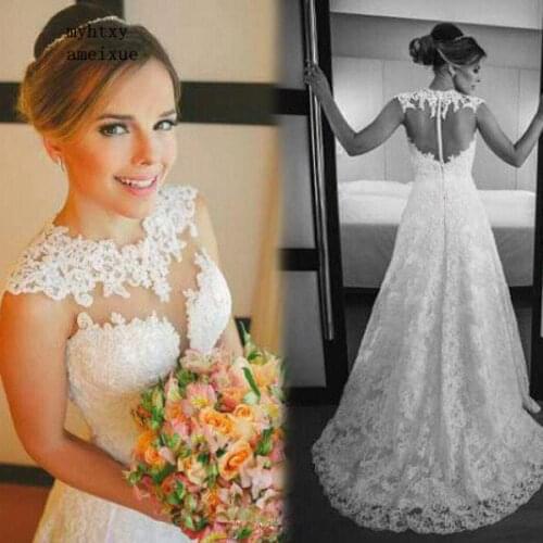 Vestido De Noiva A-ling Wedding Dresses 2020 Lace Appliques Button O-neck Bridal Dress Sweep Train Wedding Gown Vestido Branco